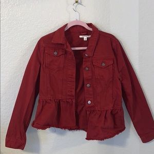Red Jean Jacket with Ruffle Bottom